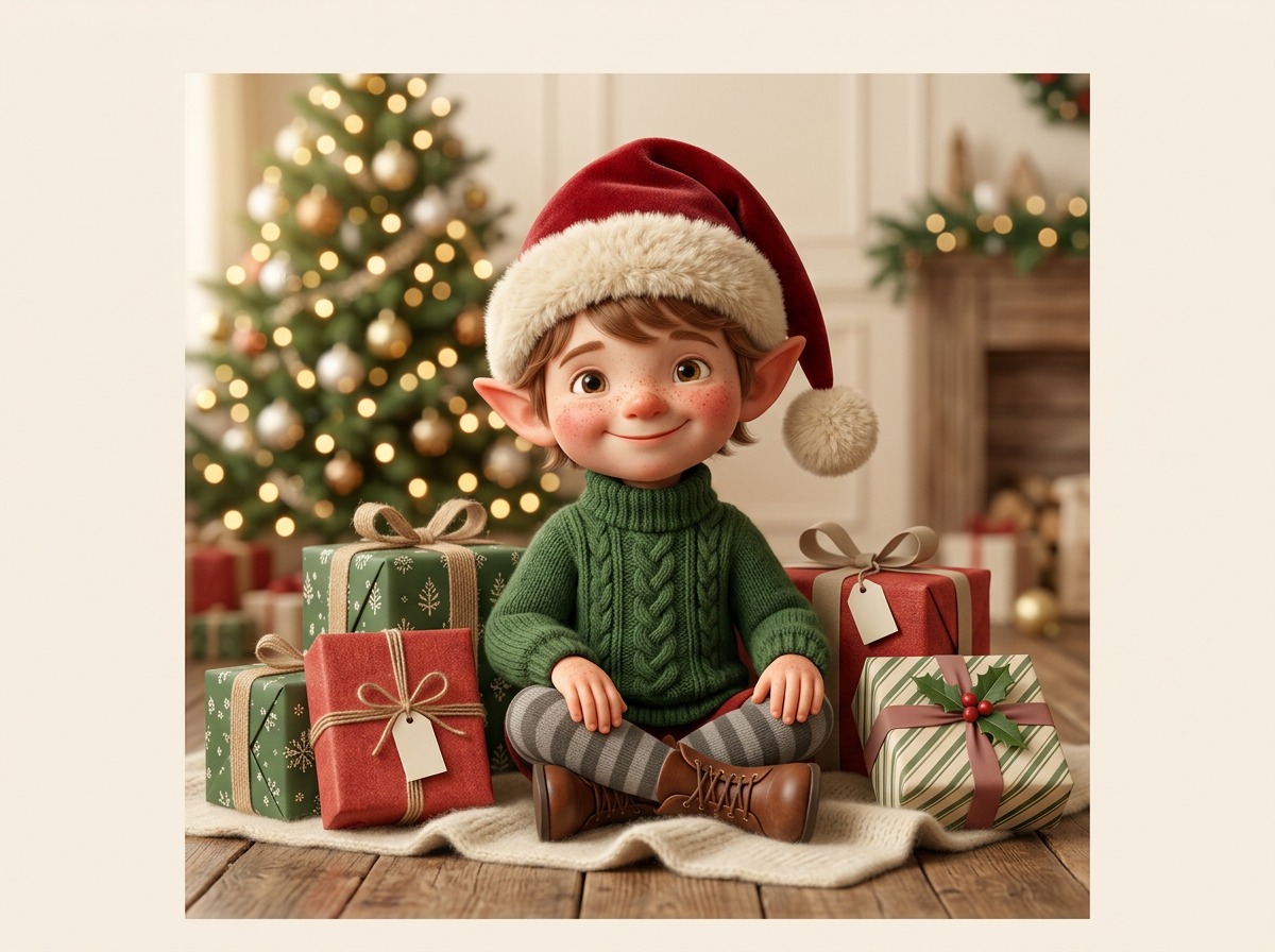 Freundlicher Wichtel neben Weihnachtsgeschenken